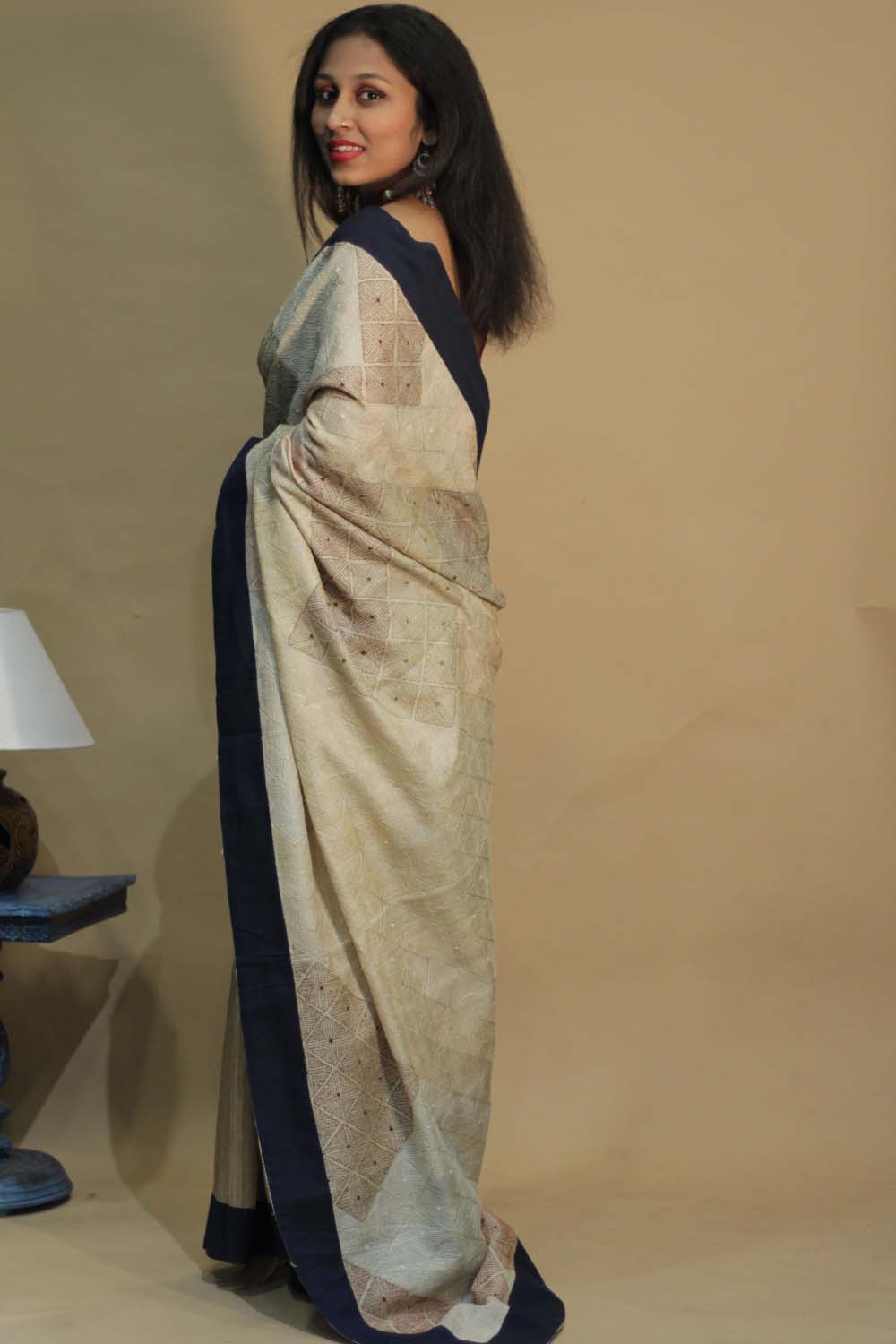 Tussar Silk Saree | Kantha Patli Pallu | Beige