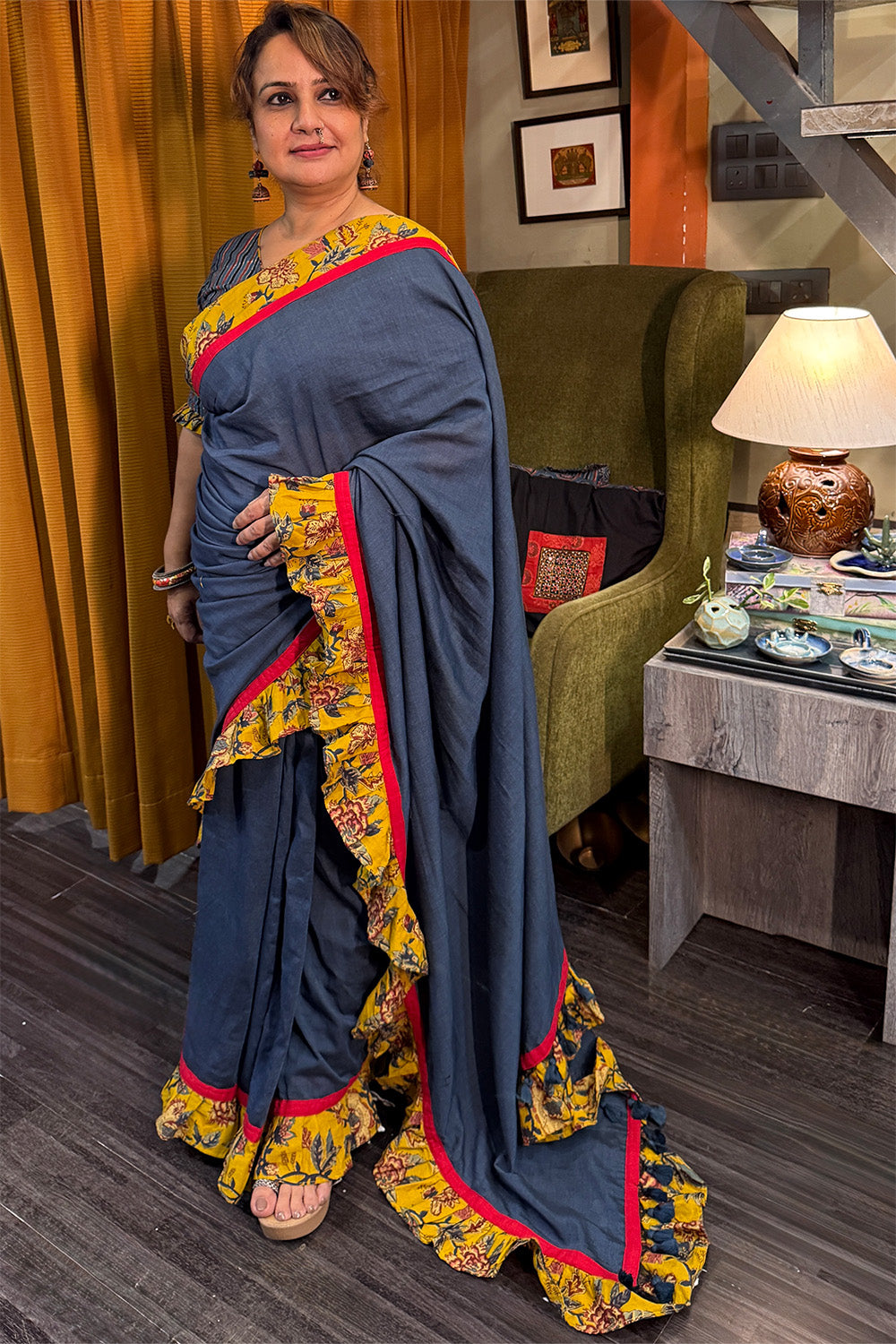 Hulchul | Frill Saree | Blue with Yellow Sanganeri