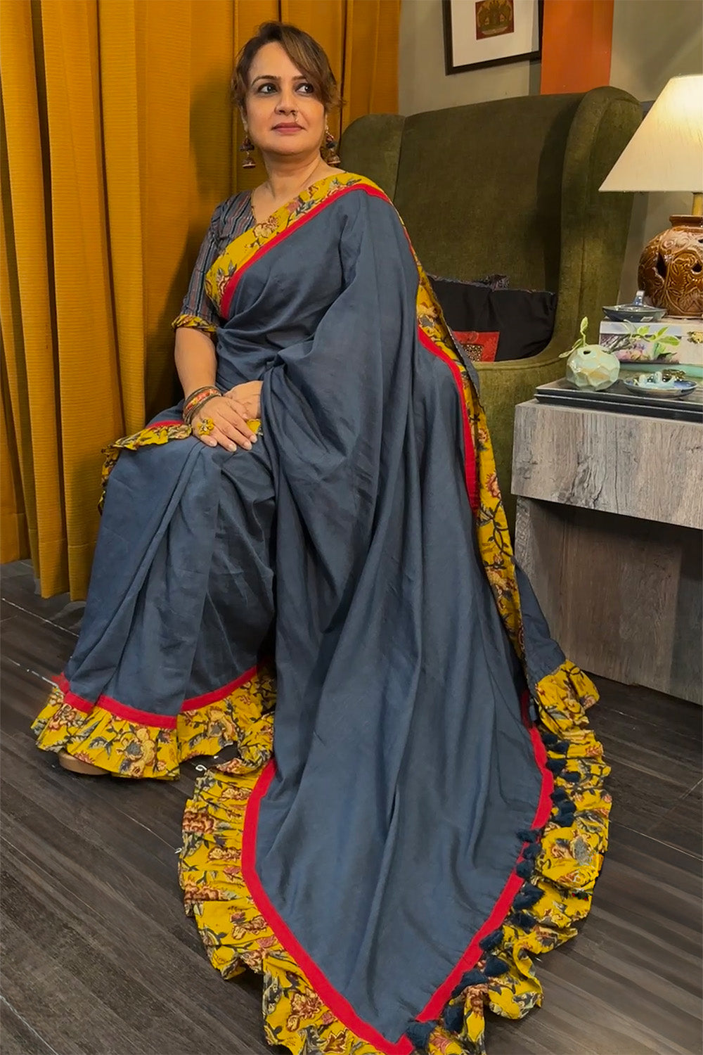 Hulchul | Frill Saree | Blue with Yellow Sanganeri