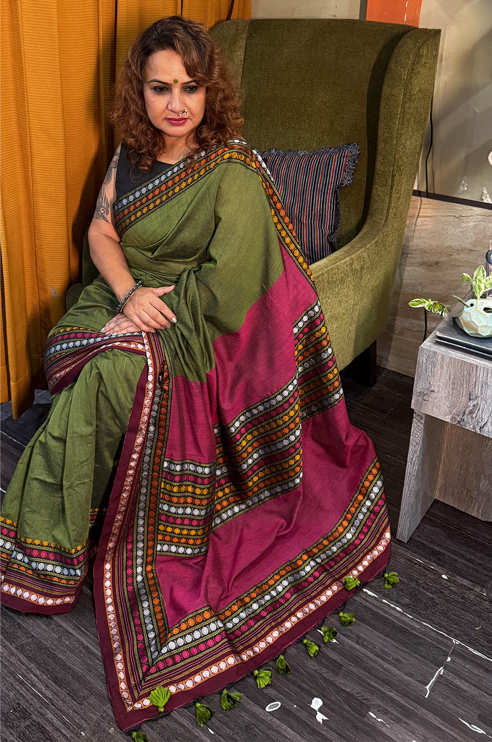 Mandira | Khunn Border Saree | Olive Green