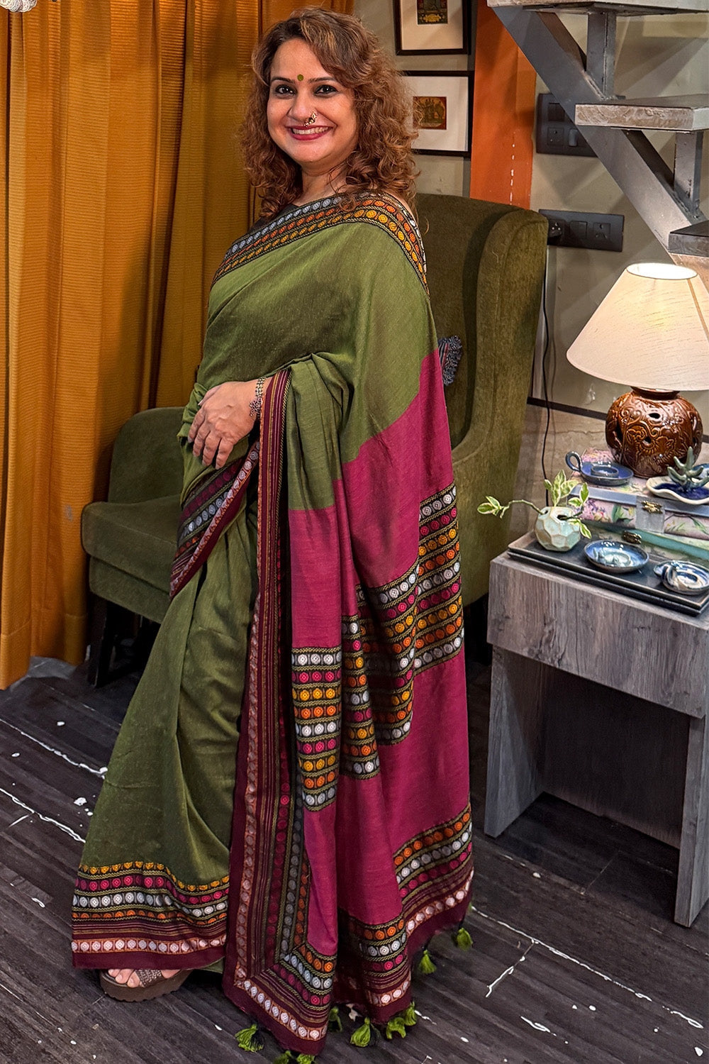 Mandira | Khunn Border Saree | Olive Green
