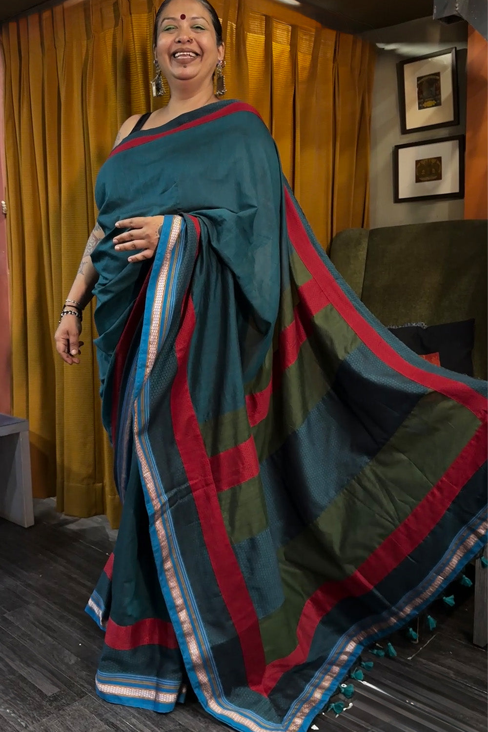 Mandira | Khunn Border Saree | Teal