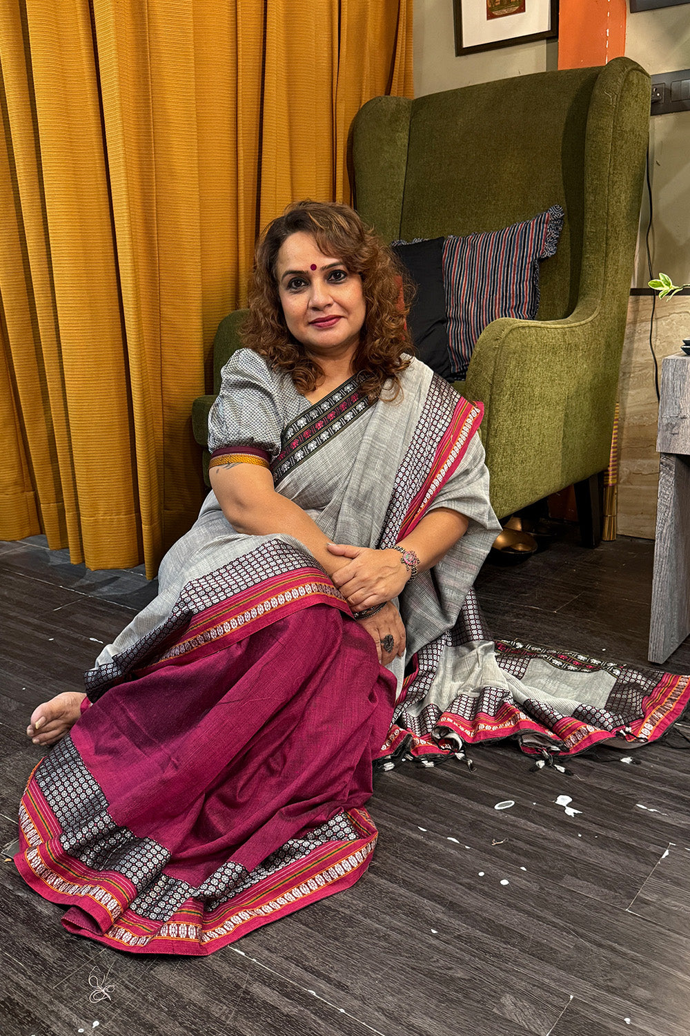 Mandira | Khunn Border Saree | Slate