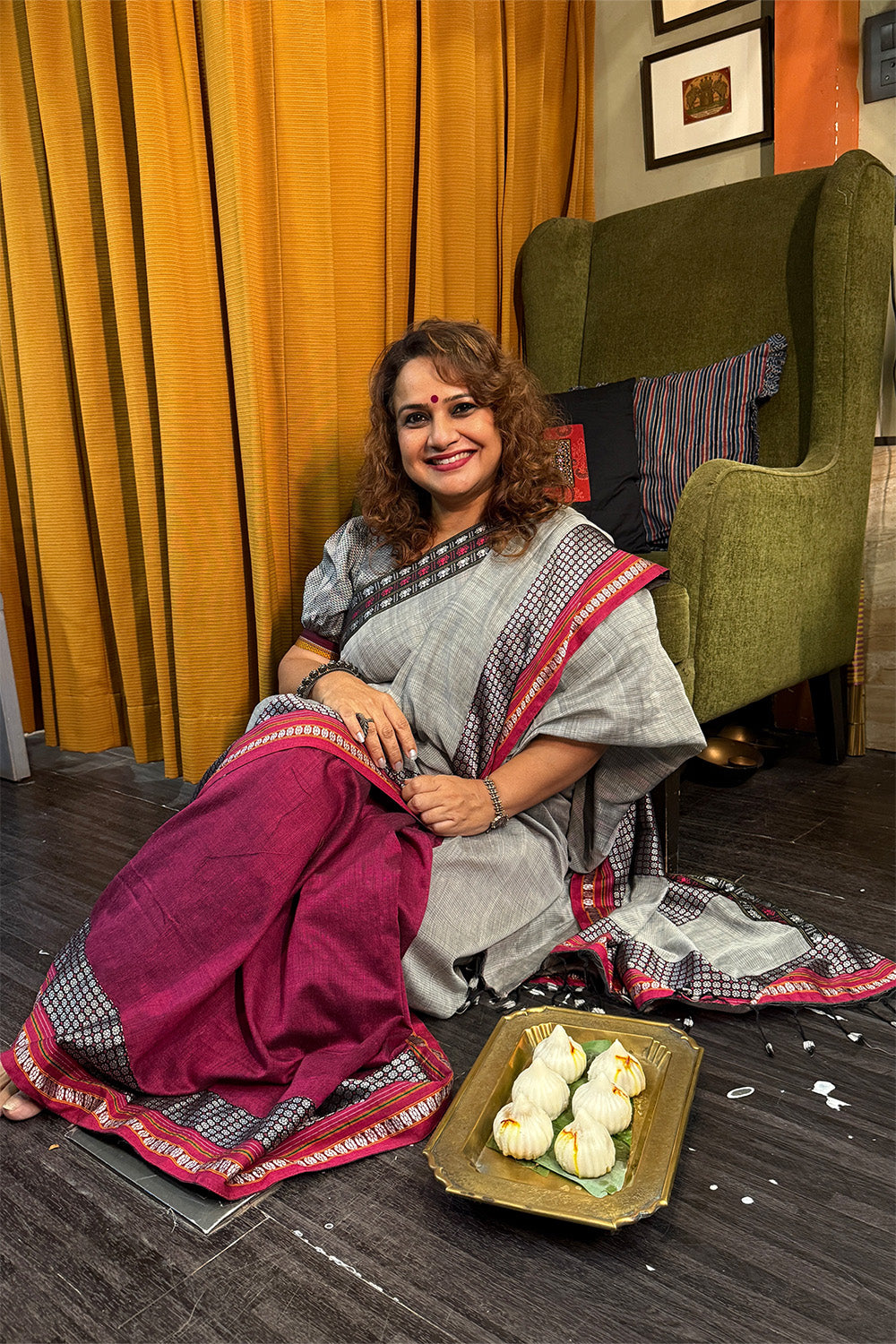 Mandira | Khunn Border Saree | Slate