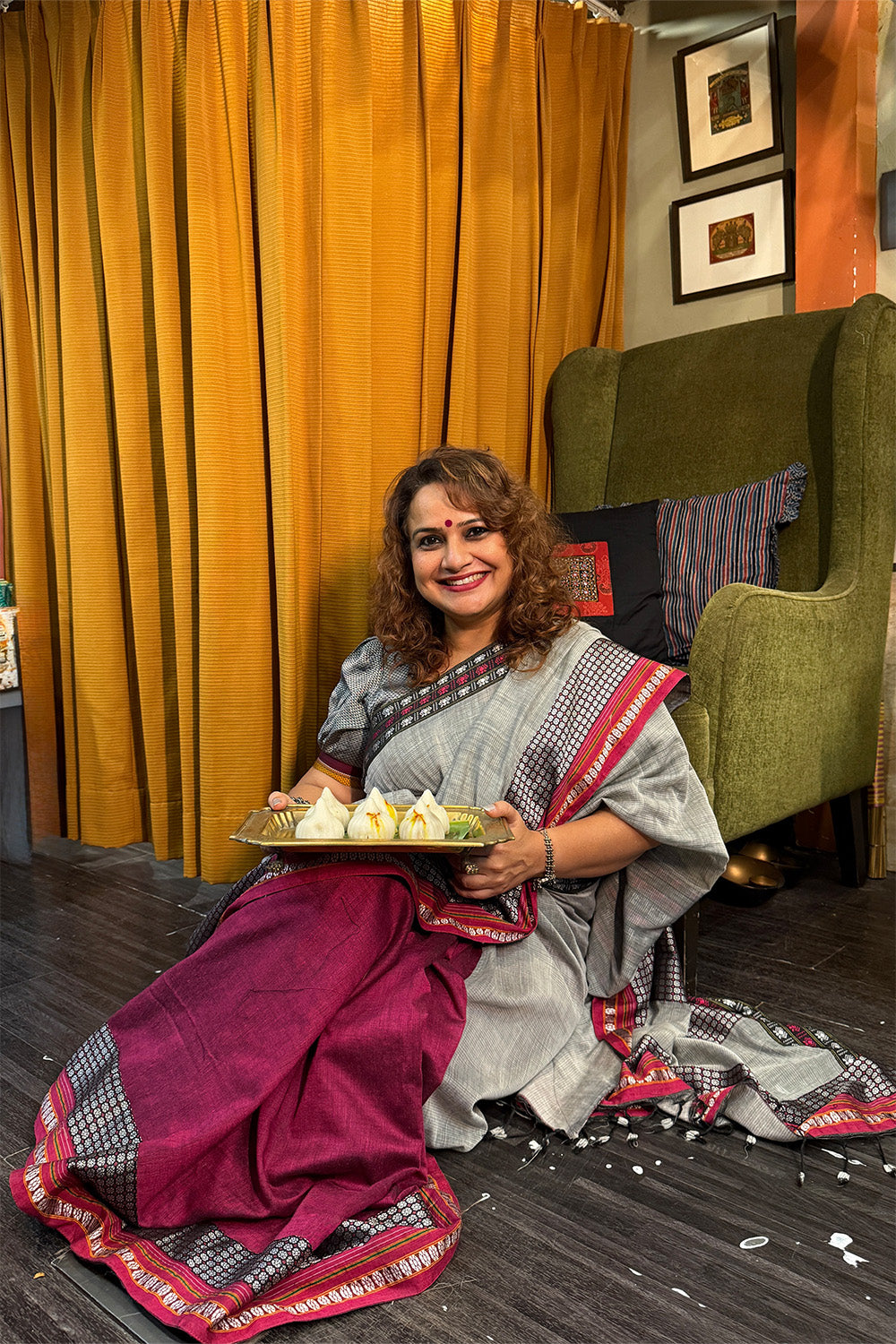 Mandira | Khunn Border Saree | Slate