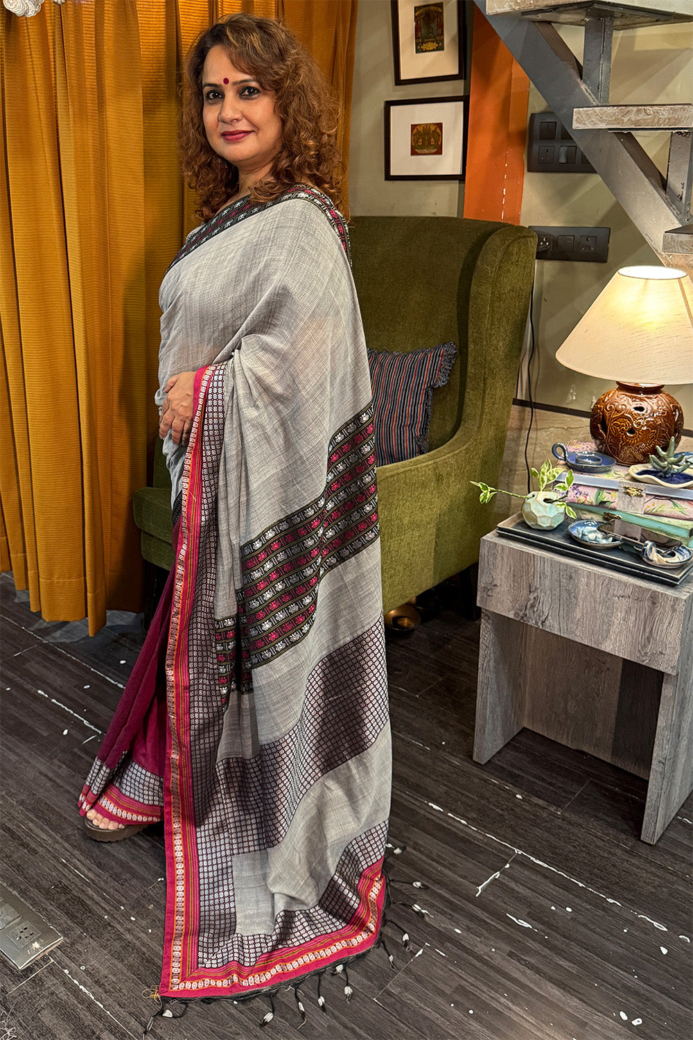 Mandira | Khunn Border Saree | Slate