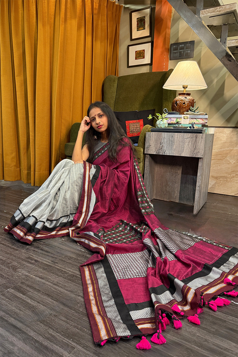 Mandira | Khunn Border Saree | Wine & Silver