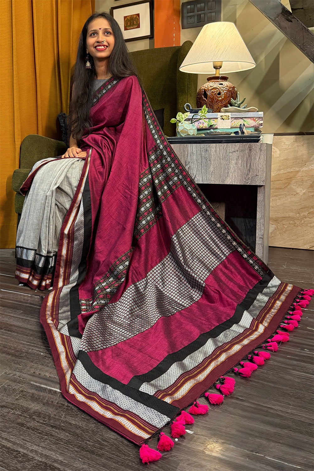 Mandira | Khunn Border Saree | Wine & Silver