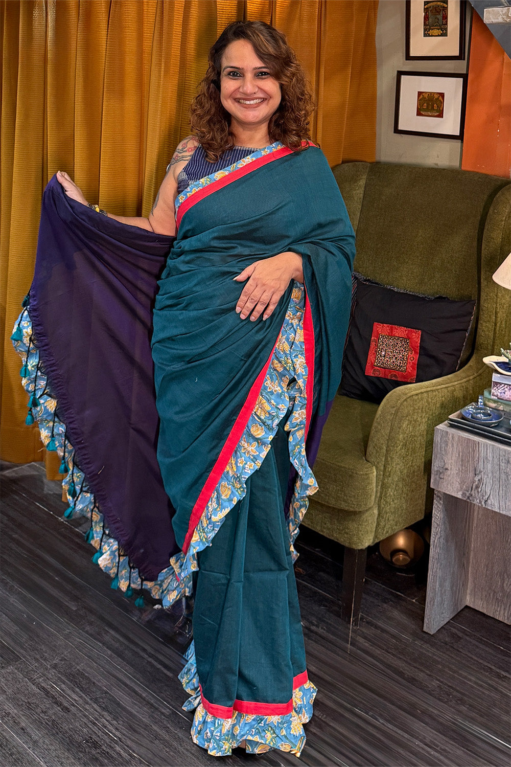Hulchul | Frill Saree | Teal with Blue Sanganeri