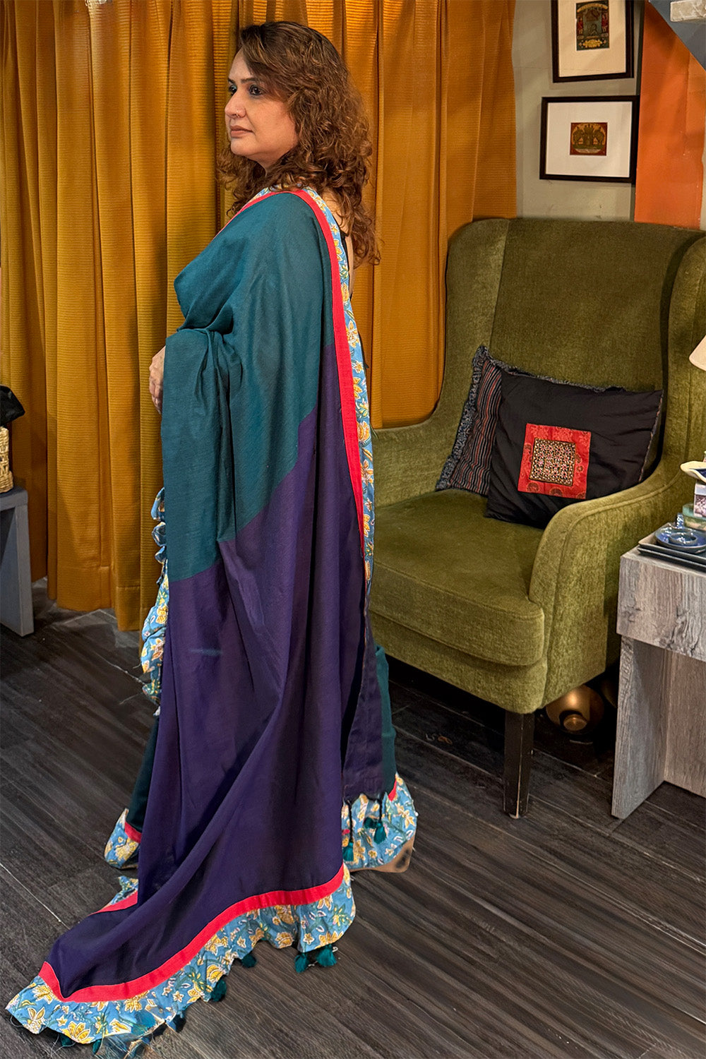 Hulchul | Frill Saree | Teal with Blue Sanganeri