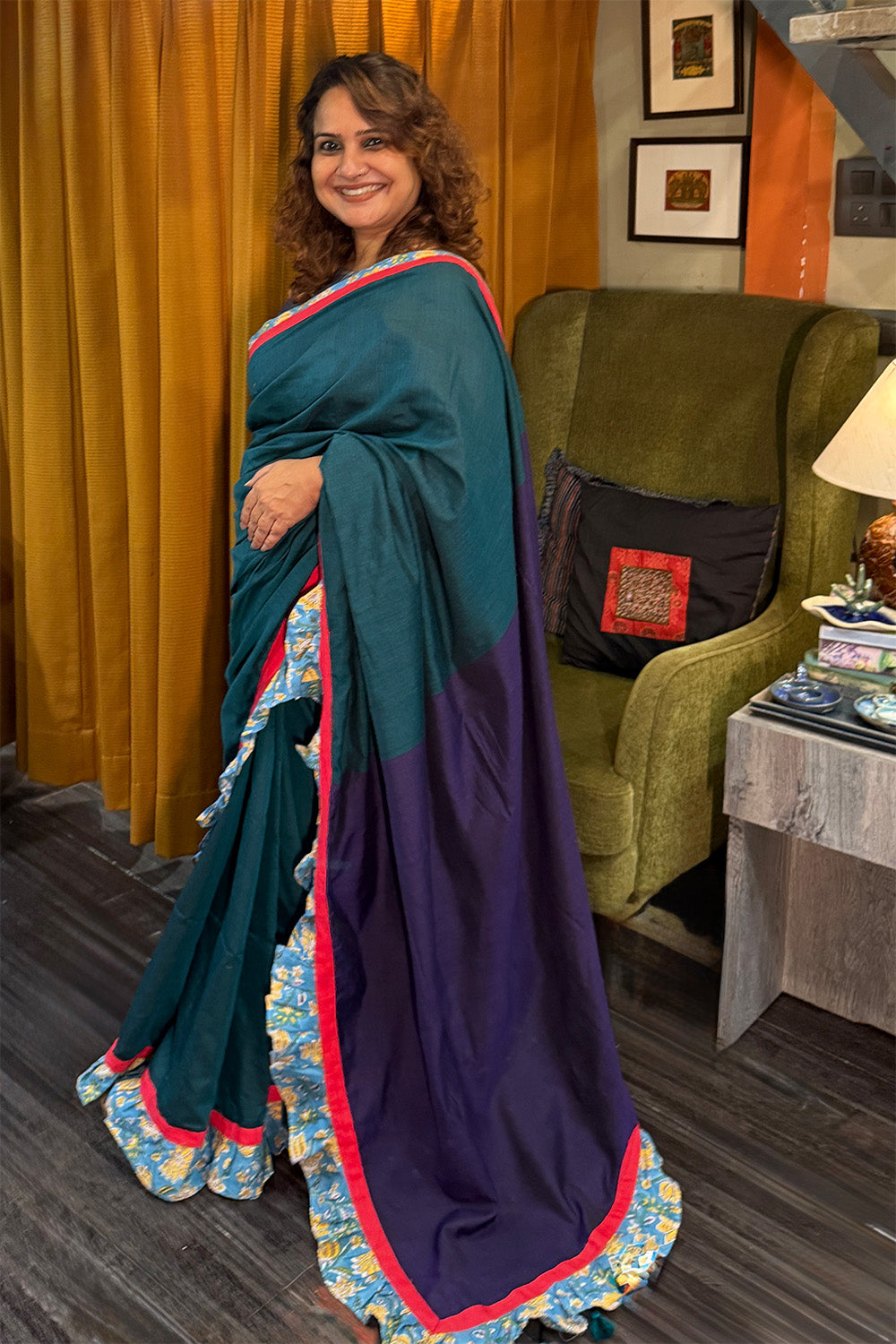 Hulchul | Frill Saree | Teal with Blue Sanganeri