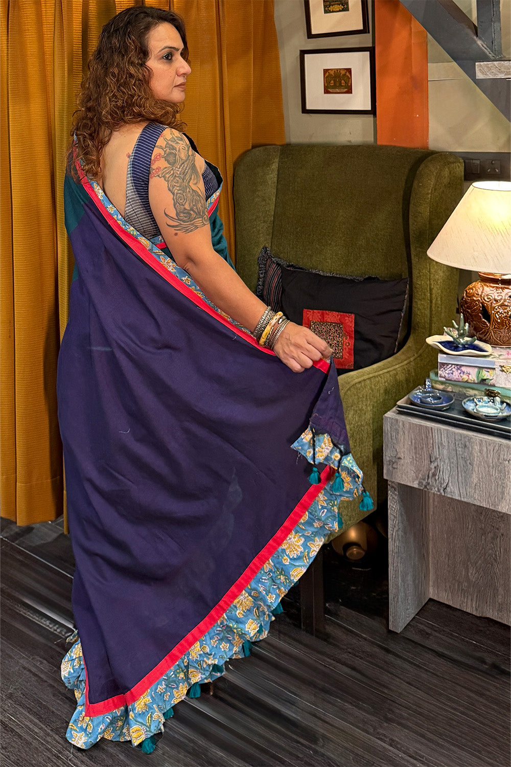 Hulchul | Frill Saree | Teal with Blue Sanganeri