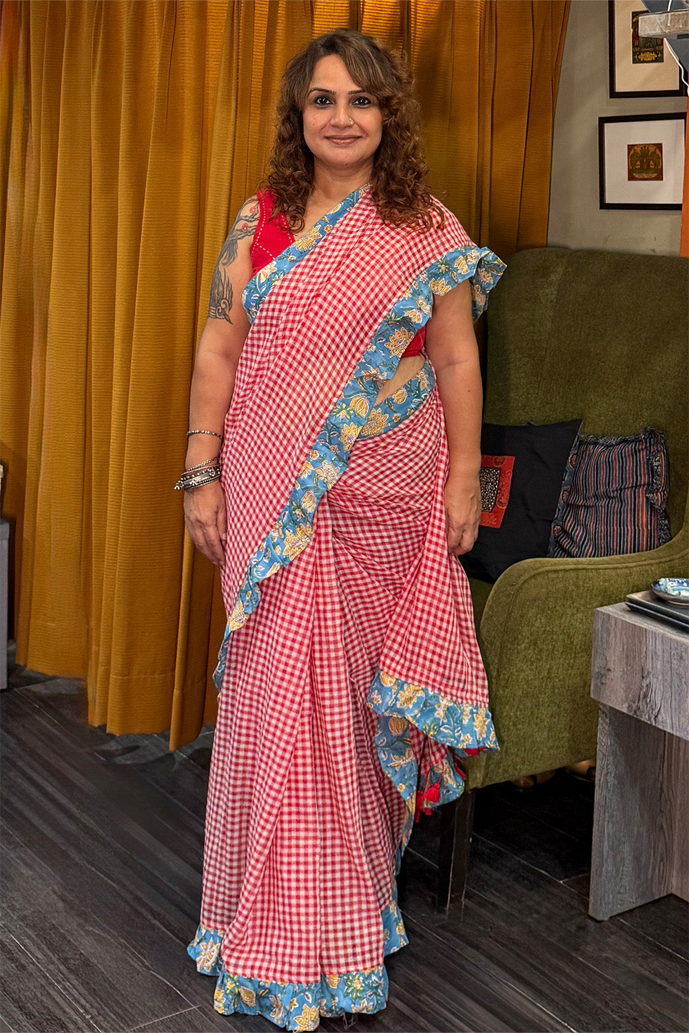 Hulchul | Frill Saree | White & Red Checks With Sanganeri