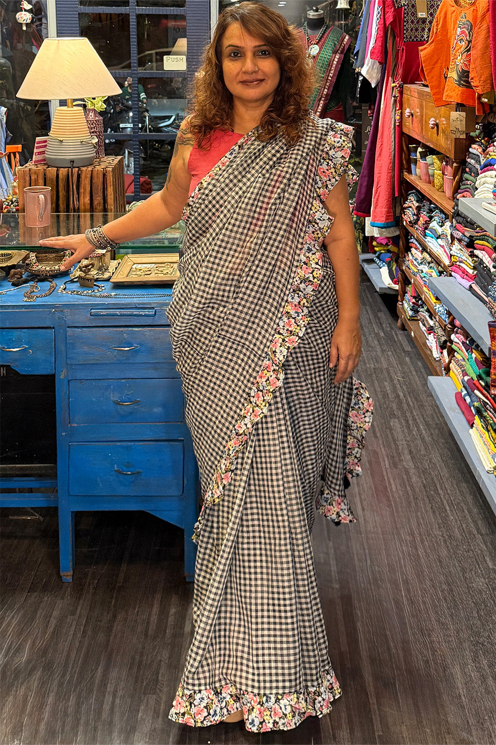 Hulchul | Frill Saree | White & Black Checks With Sanganeri