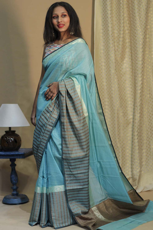 Handloom Cotton Banarasi Saree | Cyan Striped