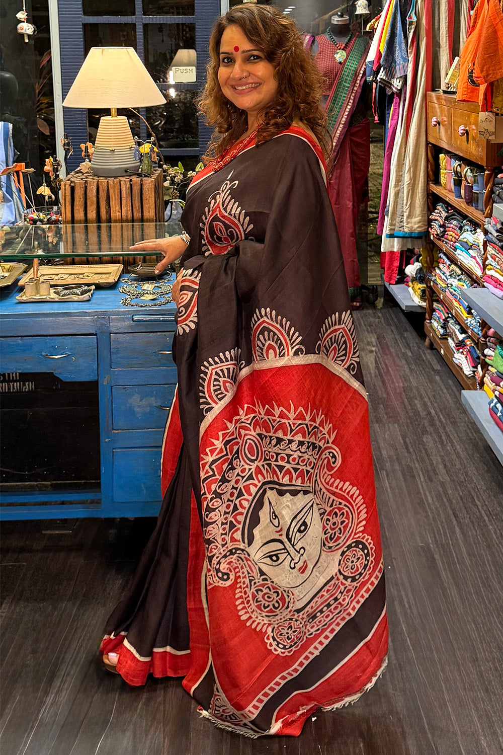 Handpainted Devi | Murshidabad Silk Saree