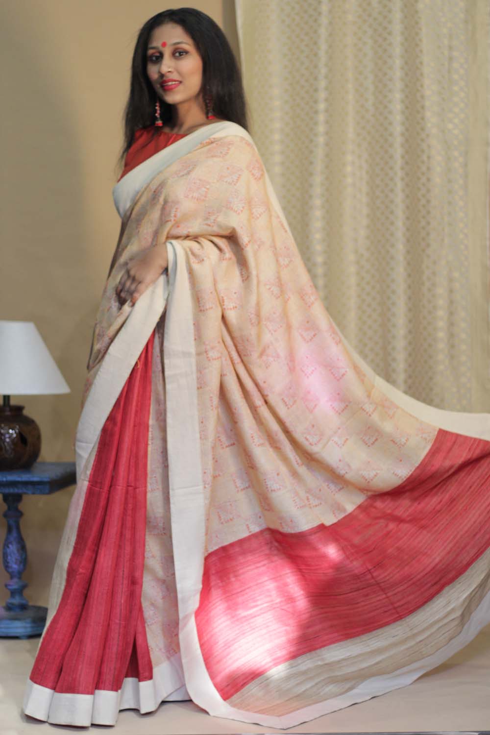 Tussar Silk Saree | Kantha Patli Pallu | Red