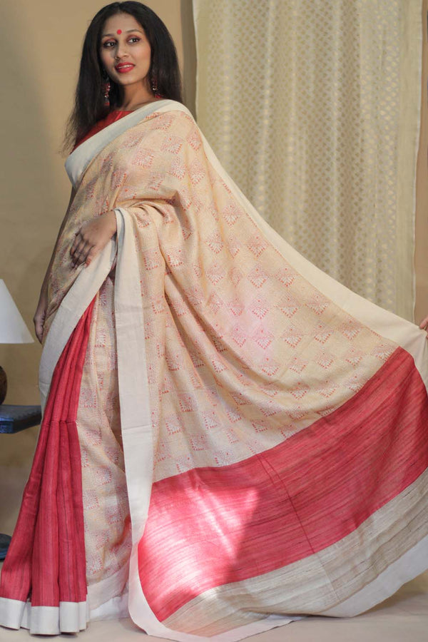 Tussar Silk Saree |  Kantha Patli Pallu | Red