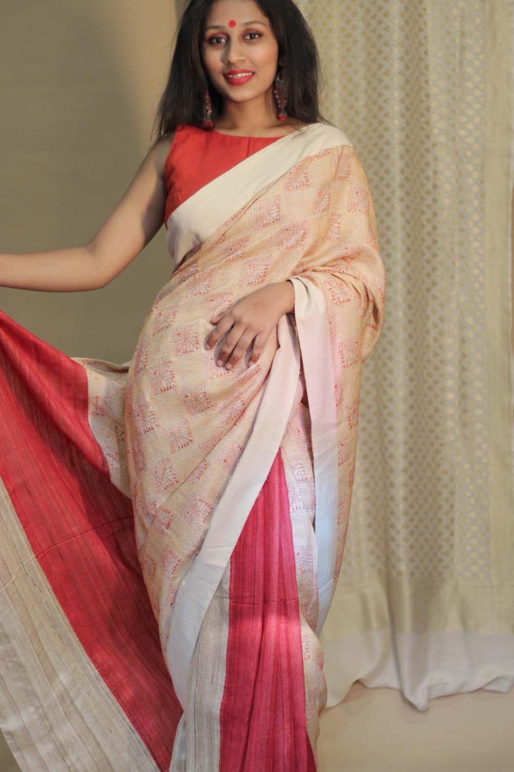 Tussar Silk Saree | Kantha Patli Pallu | Red