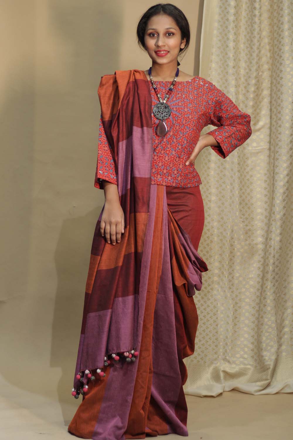 Saree | Pink Orange Medley with Chindi Tassels