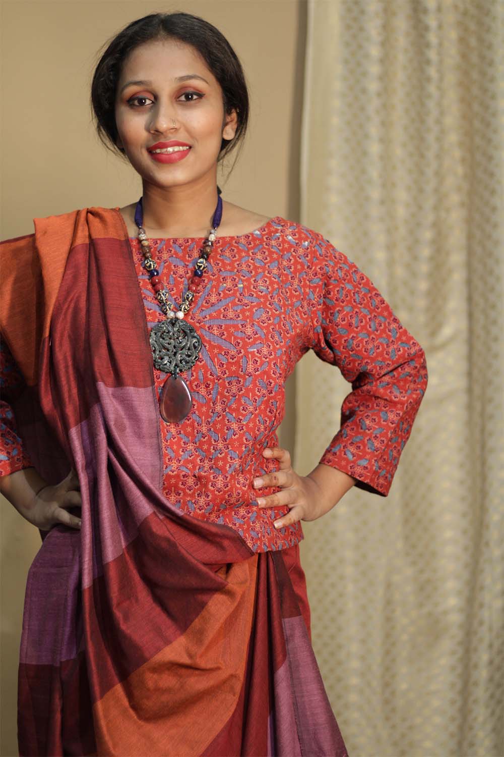 Saree | Pink Orange Medley with Chindi Tassels