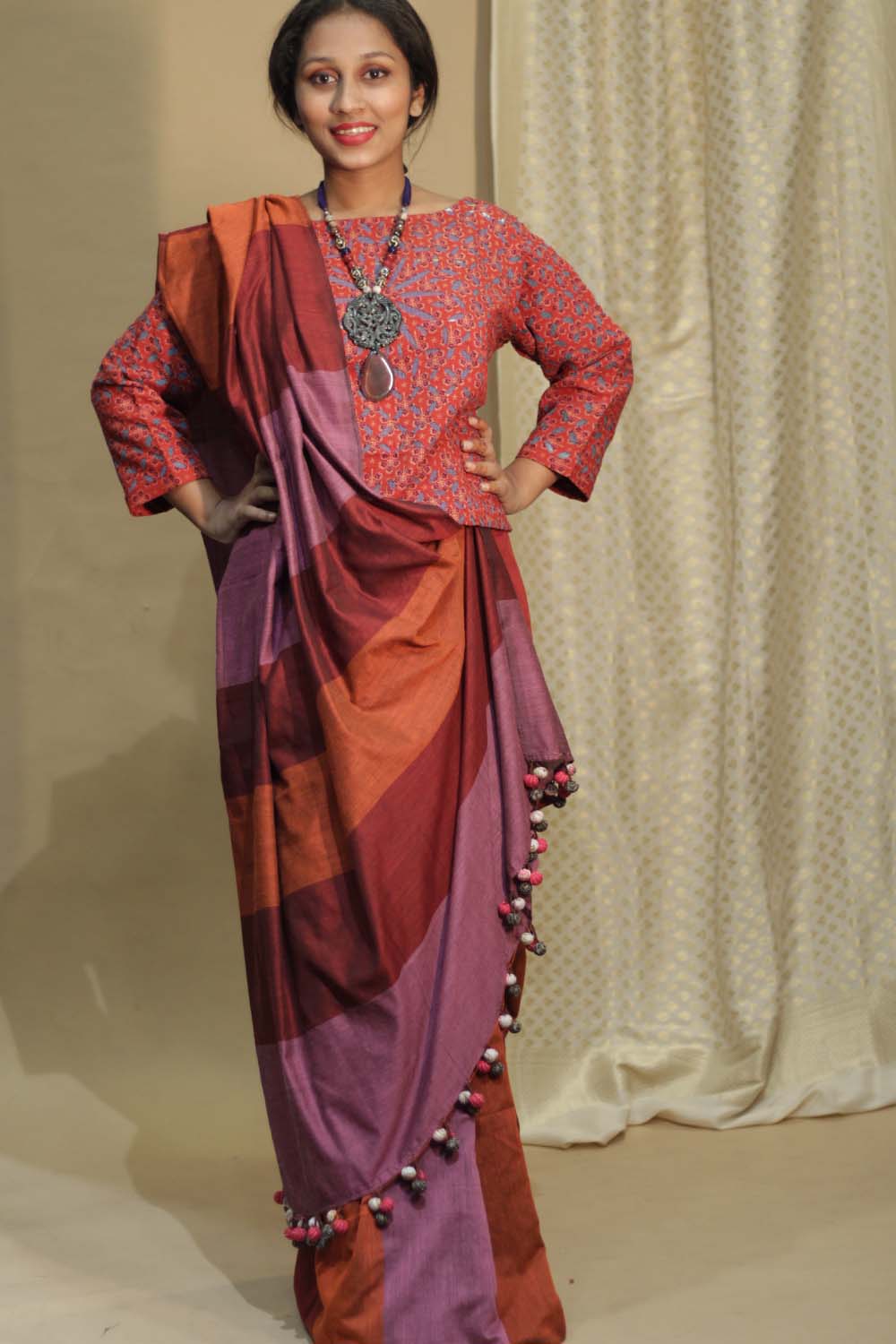 Saree | Pink Orange Medley with Chindi Tassels