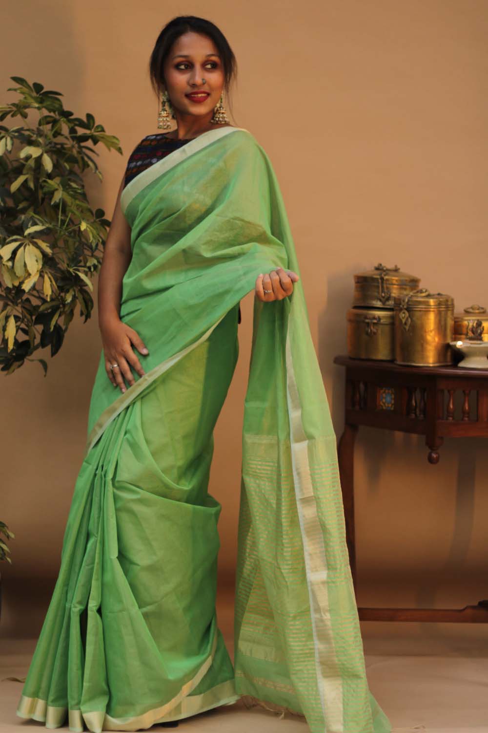 Handloom Maheshwari Saree | Silk Cotton Tissue | Mint Green