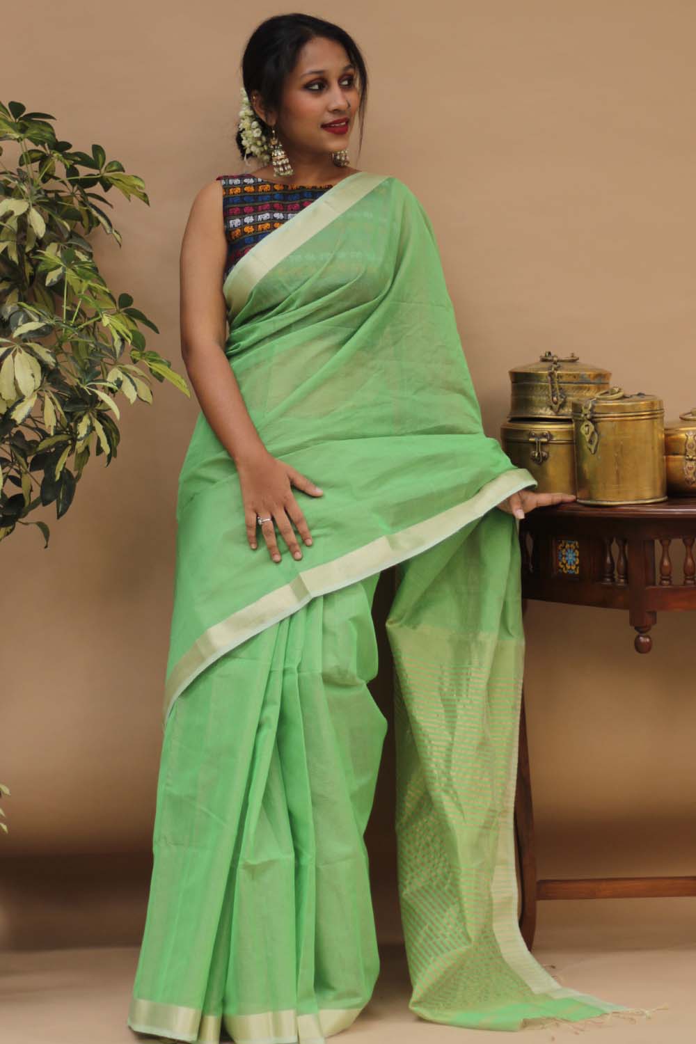 Handloom Maheshwari Saree | Silk Cotton Tissue | Mint Green