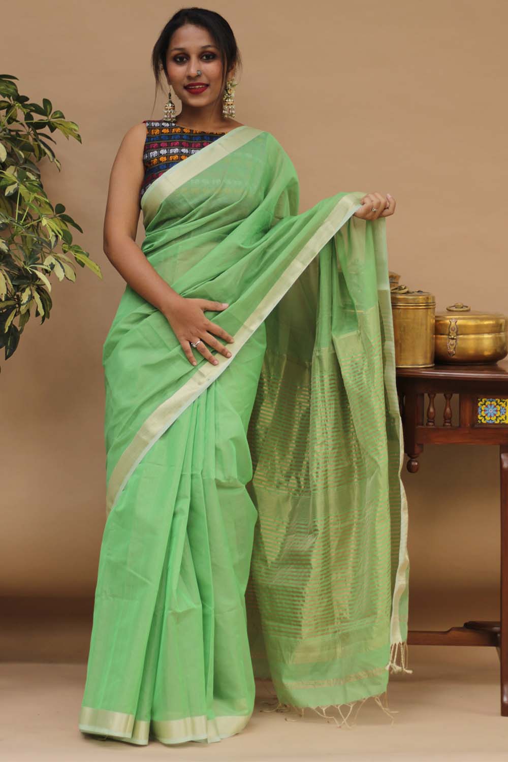 Handloom Maheshwari Saree | Silk Cotton Tissue | Mint Green
