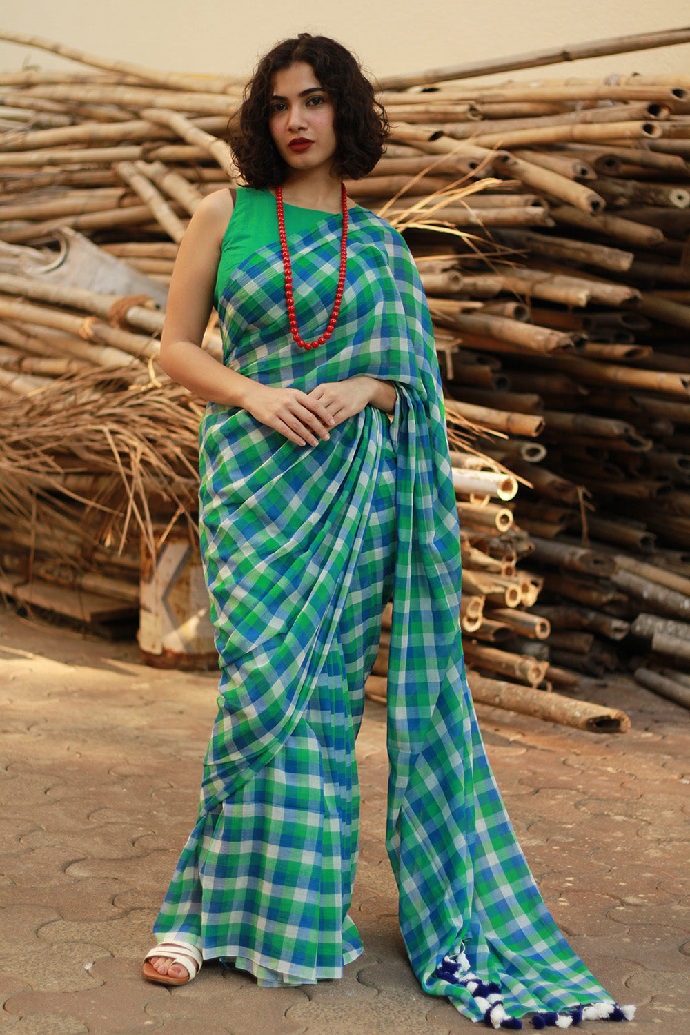 Rangg | Mul Cotton Saree | Teal Checks
