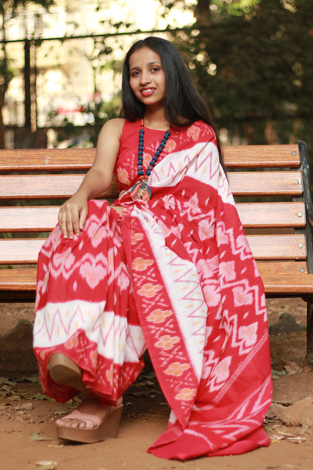 Handloom Cotton Saree | Ikkat | White & Pink