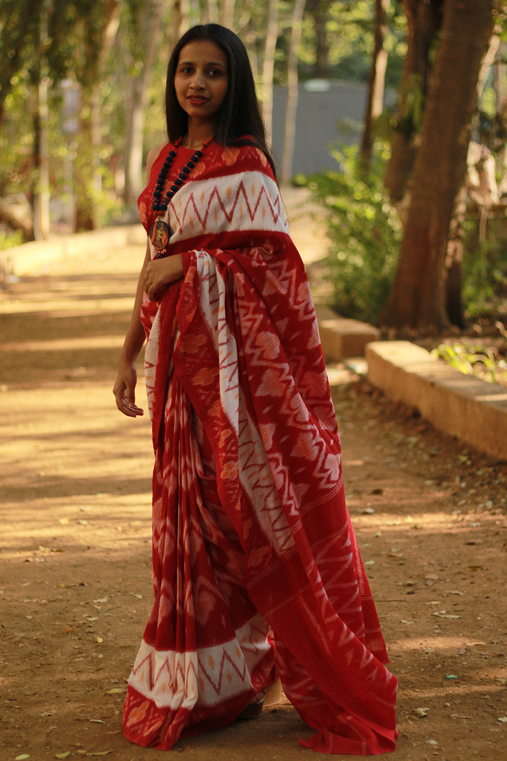 Handloom Cotton Saree | Ikkat | White & Pink