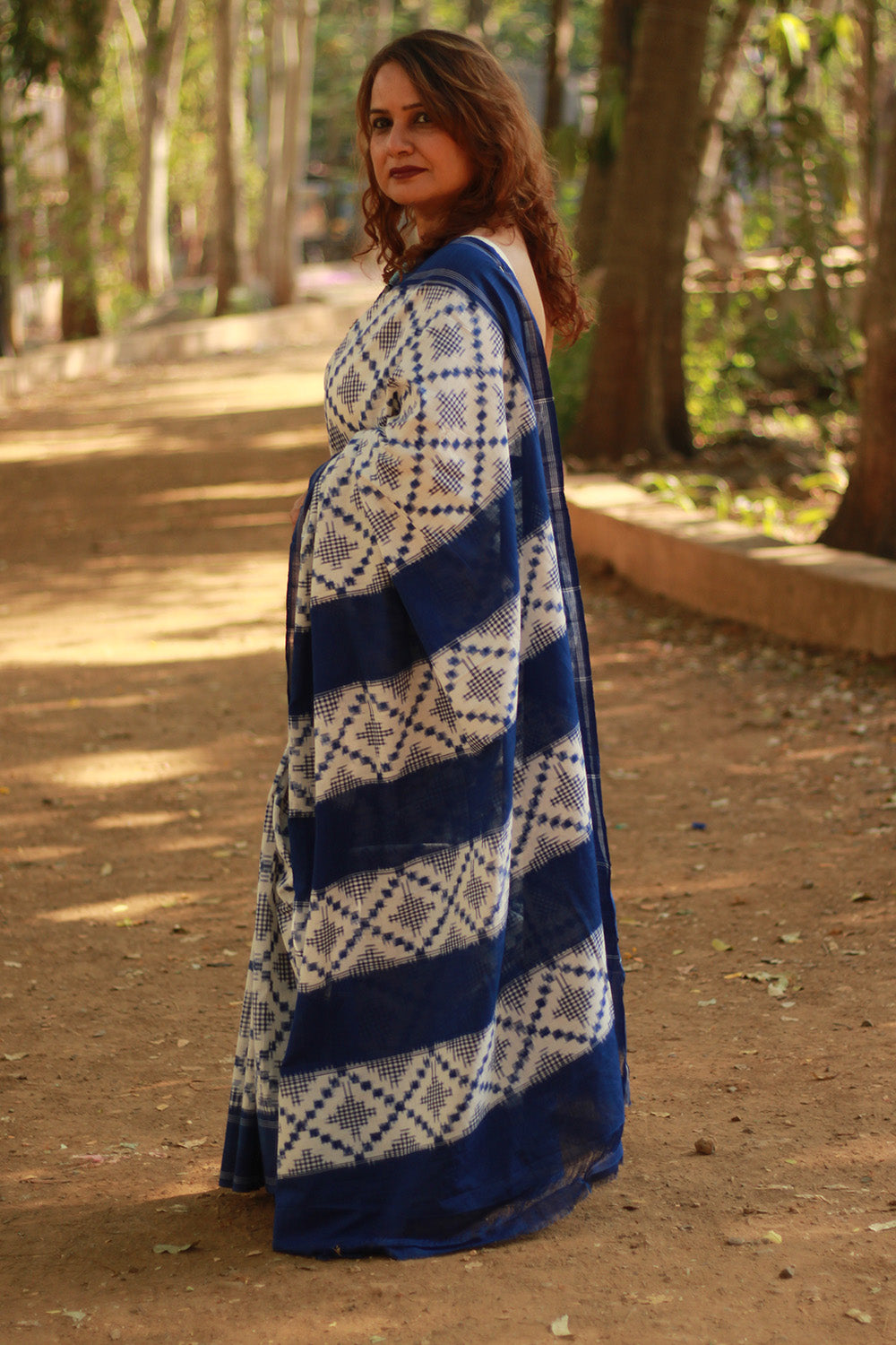 Handloom Cotton Saree | Ikkat | White & Blue