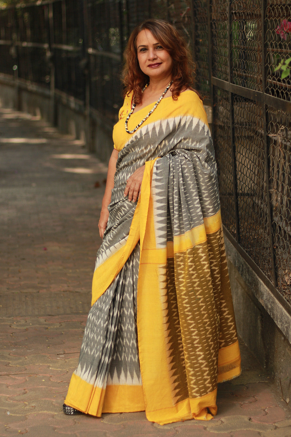 Handloom Cotton Saree | Ikkat | Grey & Yellow
