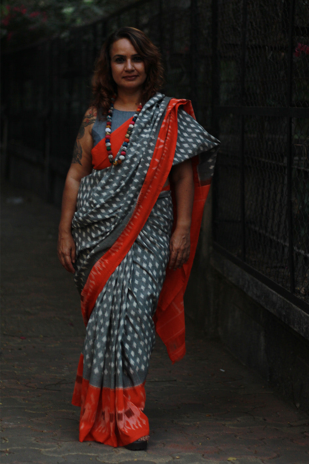Handloom Cotton Saree | Ikkat | Grey & Tangerine