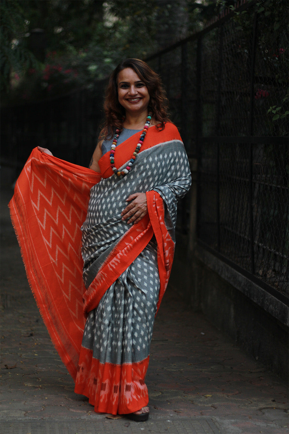 Handloom Cotton Saree | Ikkat | Grey & Tangerine