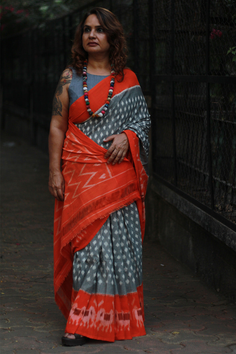Handloom Cotton Saree | Ikkat | Grey & Tangerine