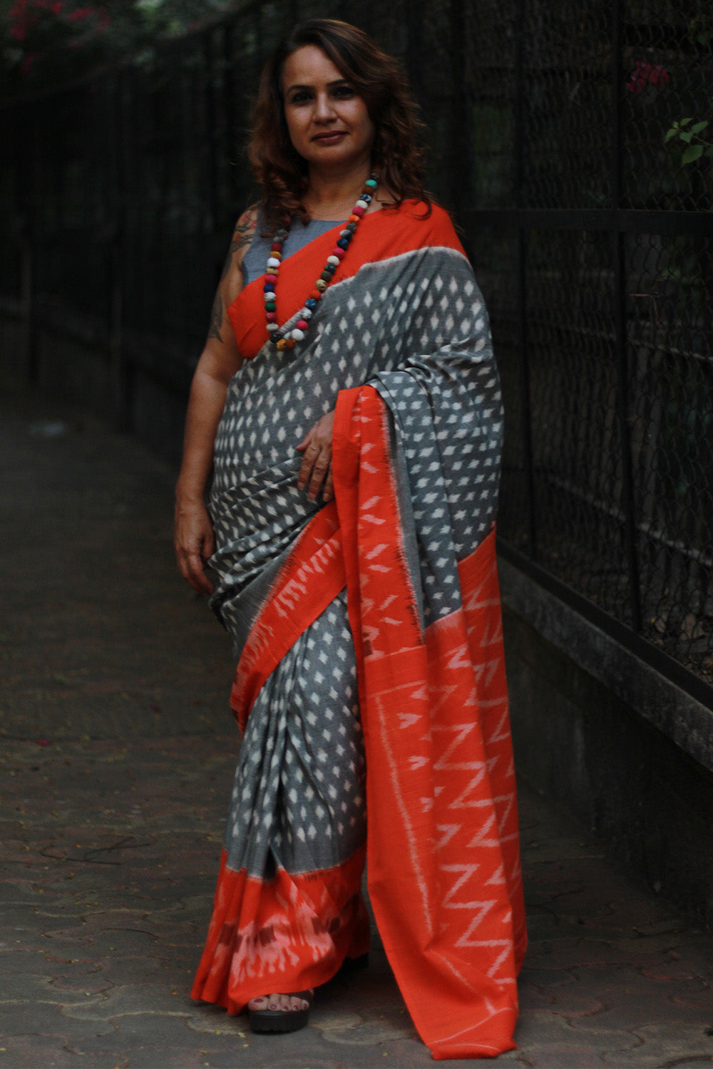 Handloom Cotton Saree | Ikkat | Grey & Tangerine