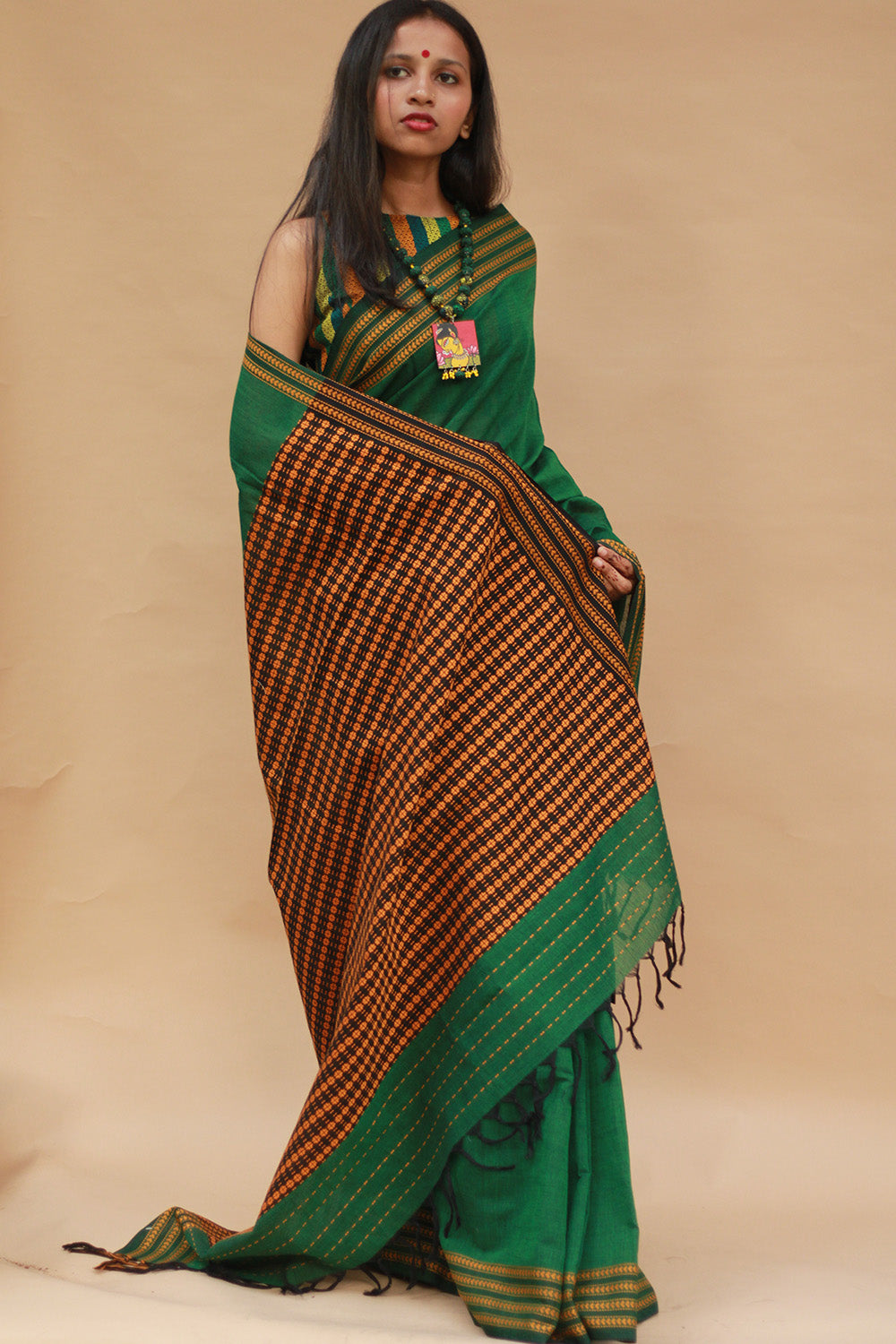 Handloom Cotton Saree | Begumpuri | Green with Brown