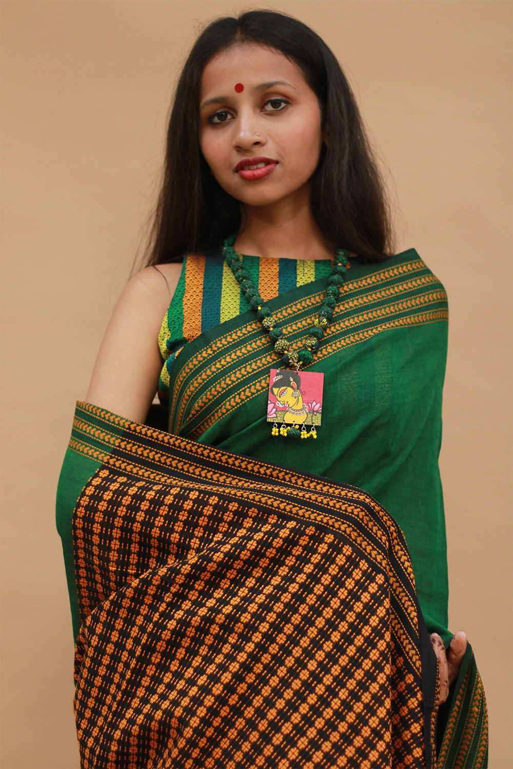 Handloom Cotton Saree | Begumpuri | Green with Brown