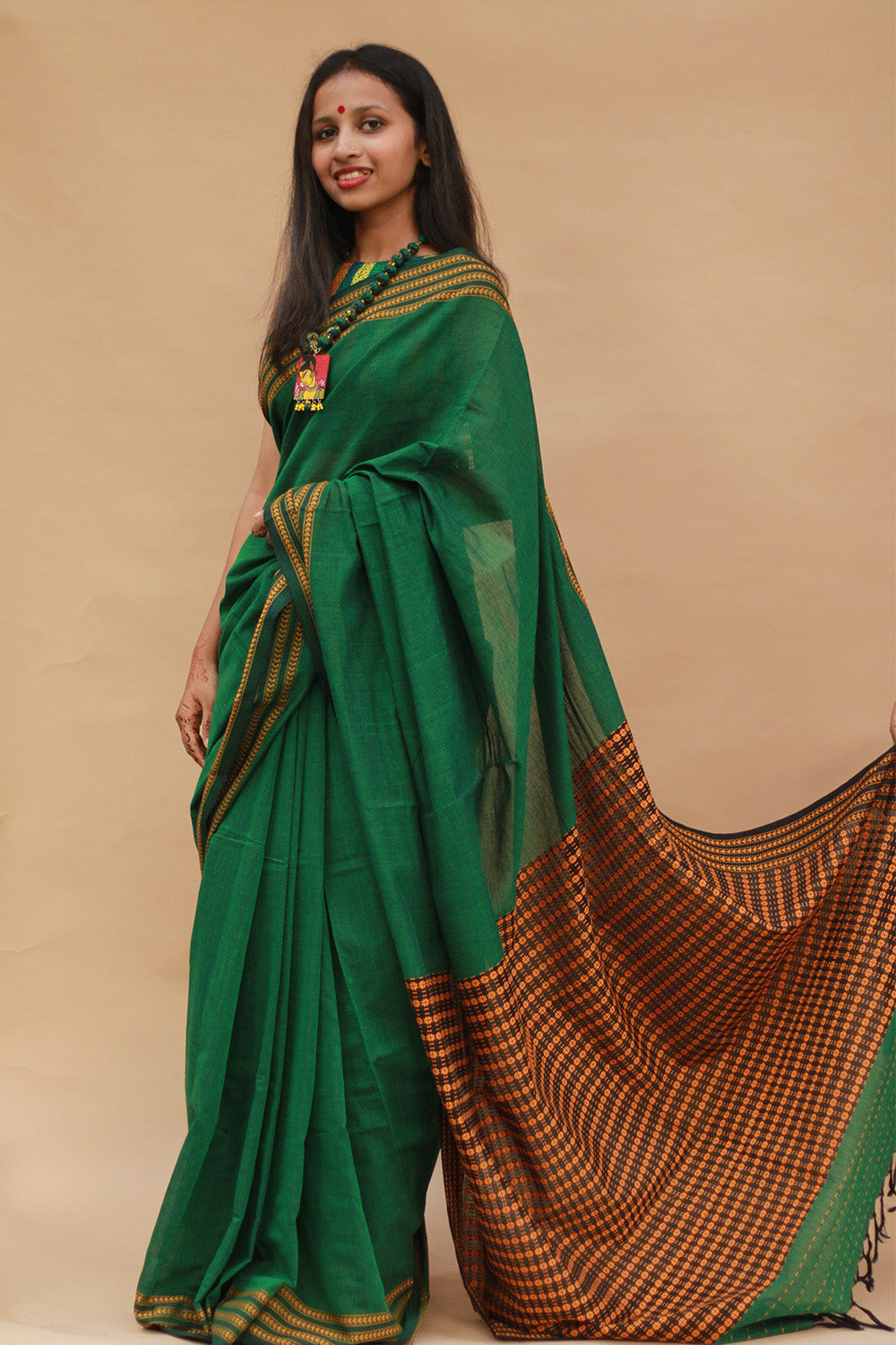 Handloom Cotton Saree | Begumpuri | Green with Brown