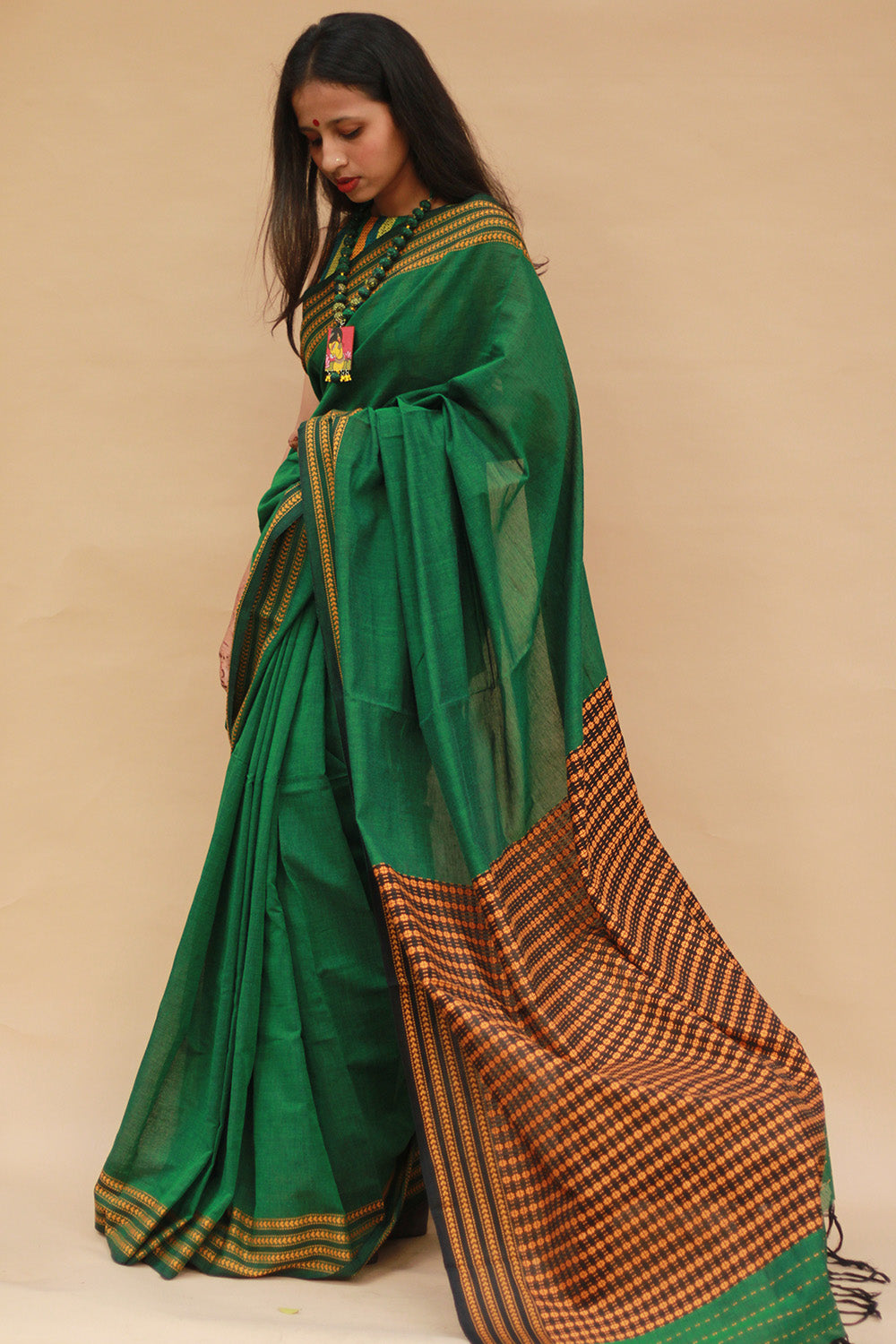 Handloom Cotton Saree | Begumpuri | Green with Brown
