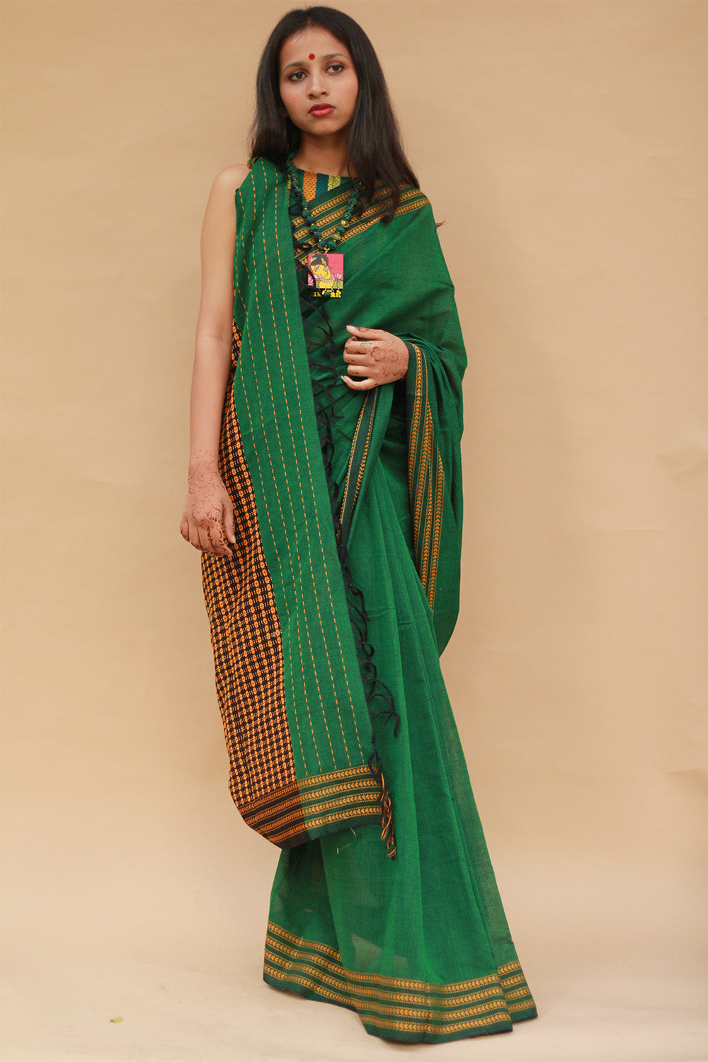 Handloom Cotton Saree | Begumpuri | Green with Brown