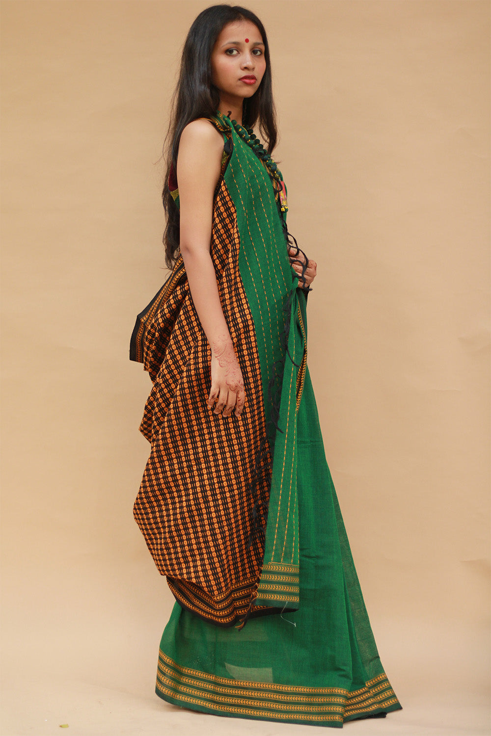 Handloom Cotton Saree | Begumpuri | Green with Brown
