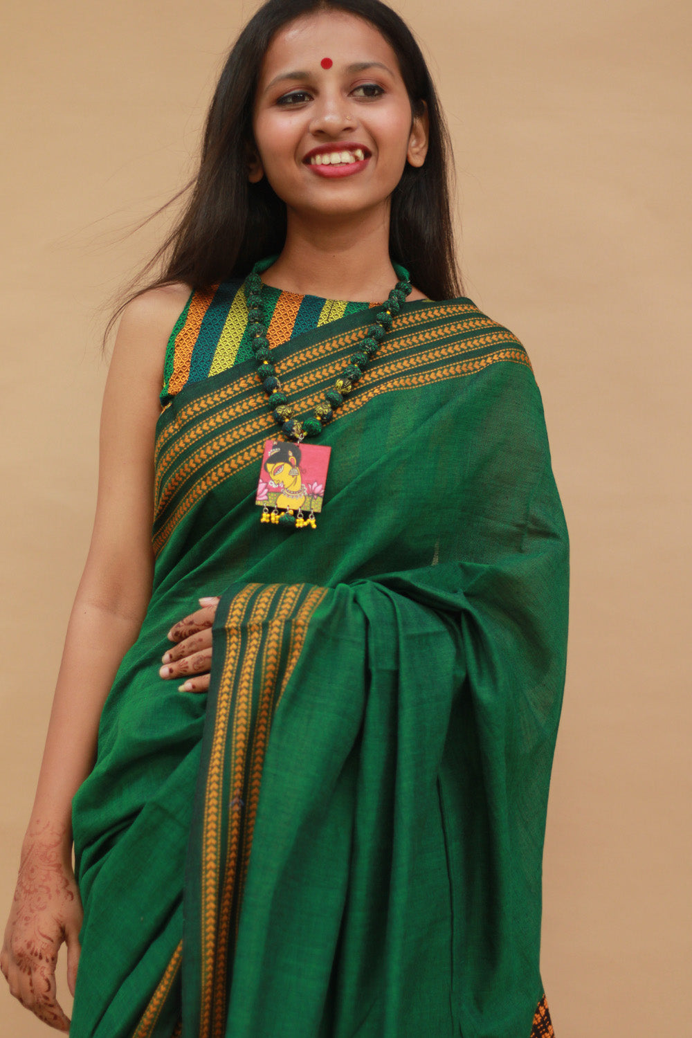 Handloom Cotton Saree | Begumpuri | Green with Brown