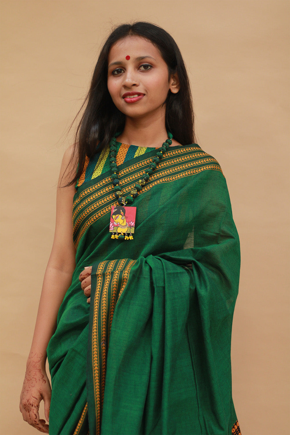 Handloom Cotton Saree | Begumpuri | Green with Brown