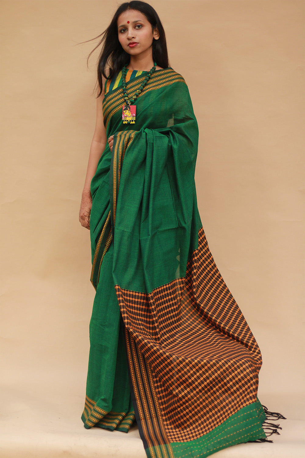 Handloom Cotton Saree | Begumpuri | Green with Brown