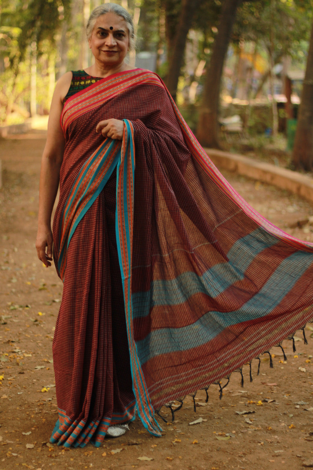 Patteda Anchu Saree | Maroon with Pink Blue Ganga-Jamuna