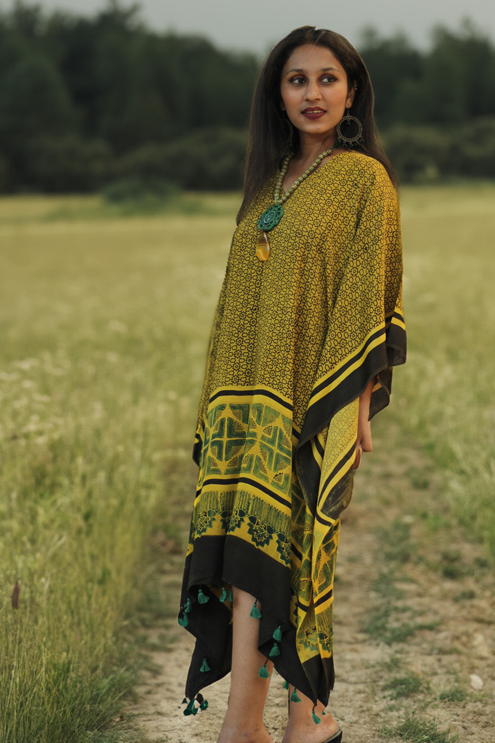 Sitaara| Modal Kaftan | Yellow Geometric Ajrakh