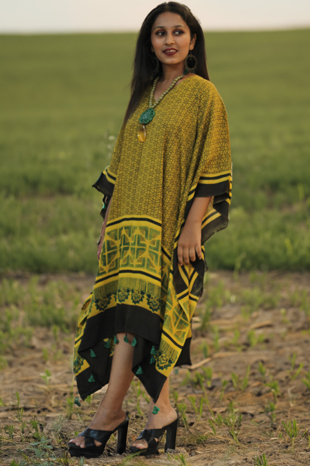 Sitaara| Modal Kaftan | Yellow Geometric Ajrakh